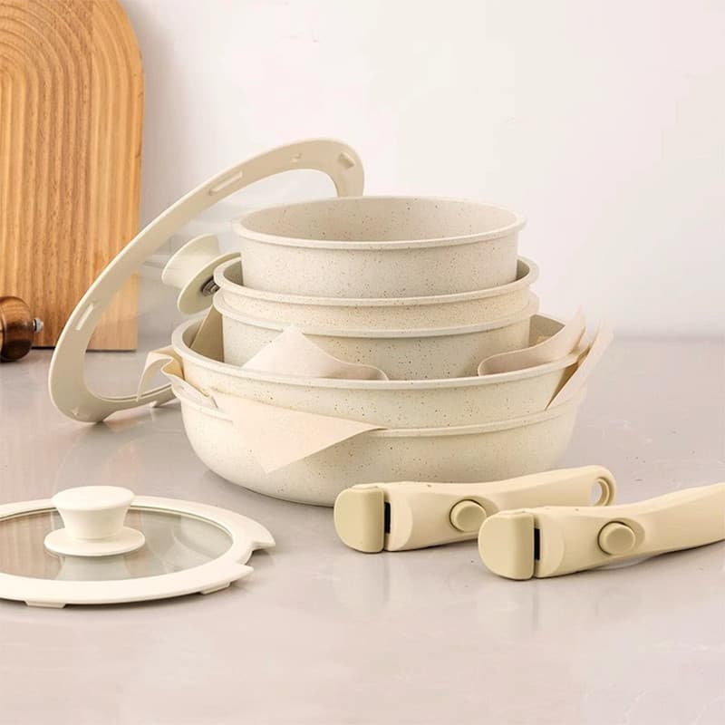 Jogo de Cozinha 9 Peças Antiaderente – Panelas Empilháveis com Cabo Removível