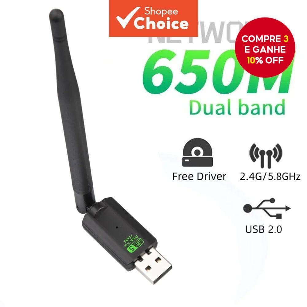  Adaptador USB WiFi 600Mbps AC650 sem driver, 2.4GHz 5GHz com antena para PC, placa de rede para computador, receptor.