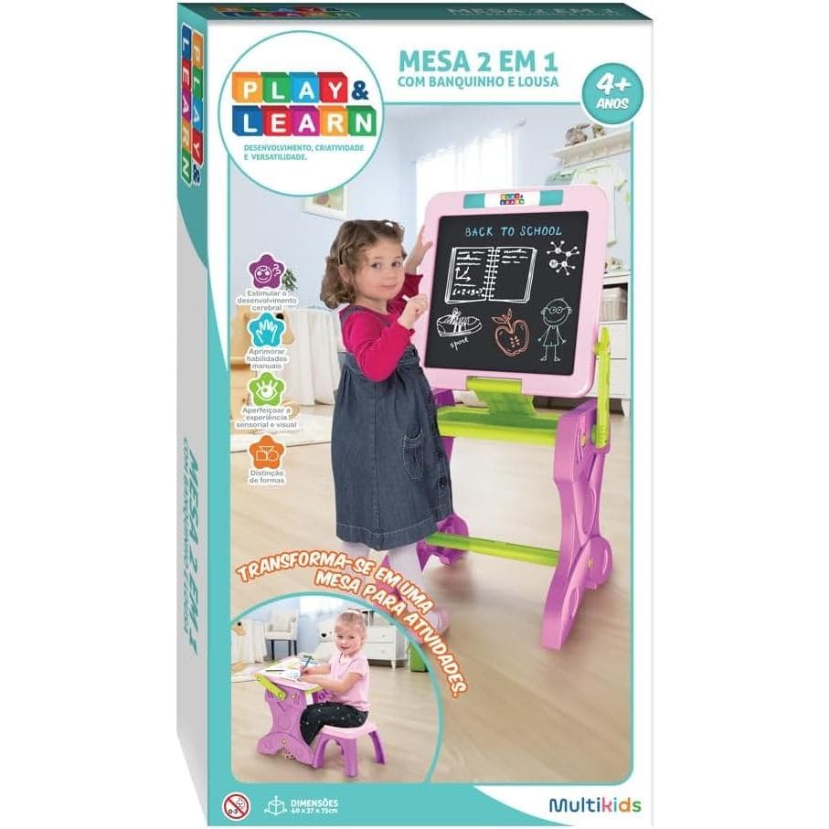 Mesa de Atividades Infantil 2 em 1 com Banquinho e Lousa Multikids - BR1766