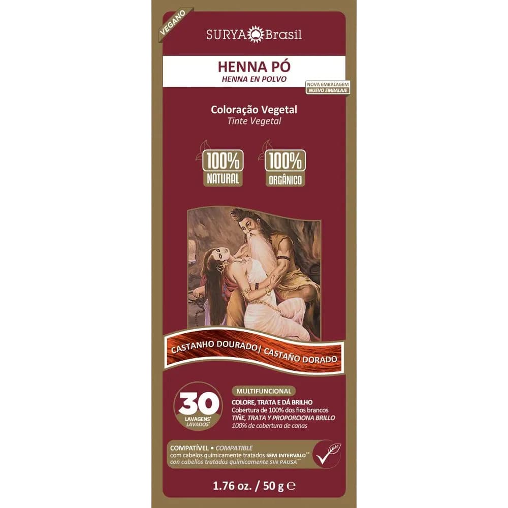 Tintura Natural Vegana Henna Pó Surya Castanho Dourado