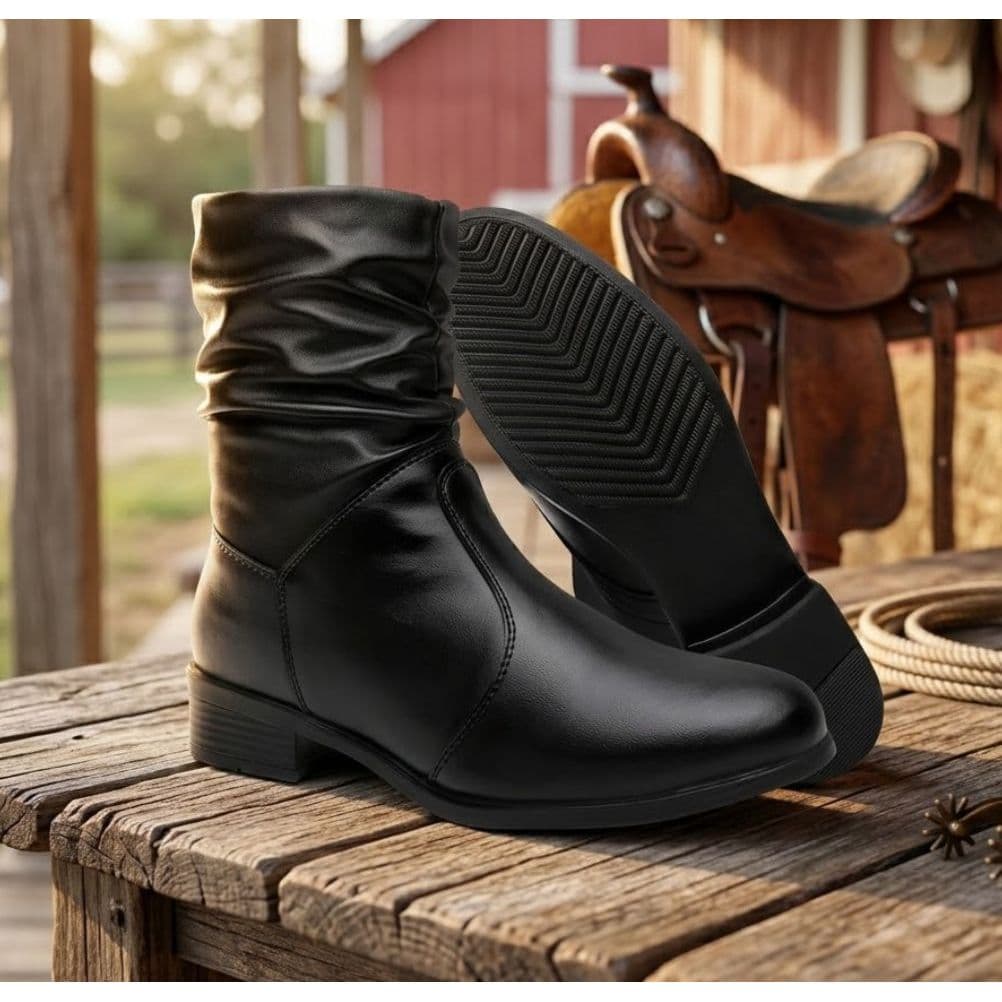 Bota Feminina Coturno Botinha Cano Médio Curto Enrugada Blogueira Da Moda Bico Redondo Confortável