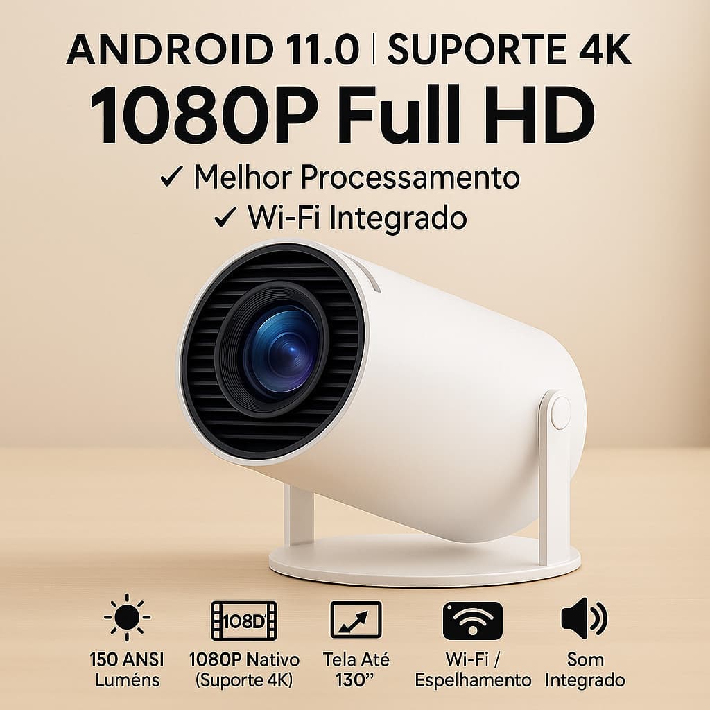 Projetor 4K HY300 Pro Wi-Fi 5G — Imagem Ultra Nítida, Espelhamento de Tela, Alta Brilho e Som Potente!