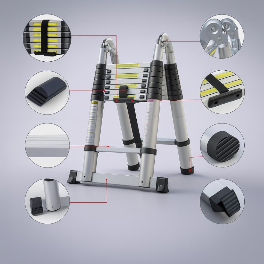 Escada Telescópica Dupla Profissional em Alumínio 3,4m / 5m Multifuncional Dobrável Reforçada
