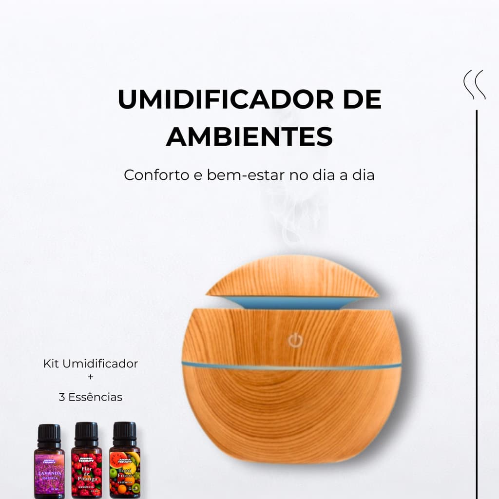 Umidificador de Ar Aromatizador Portátil LED RGB – Design Madeira Elegante