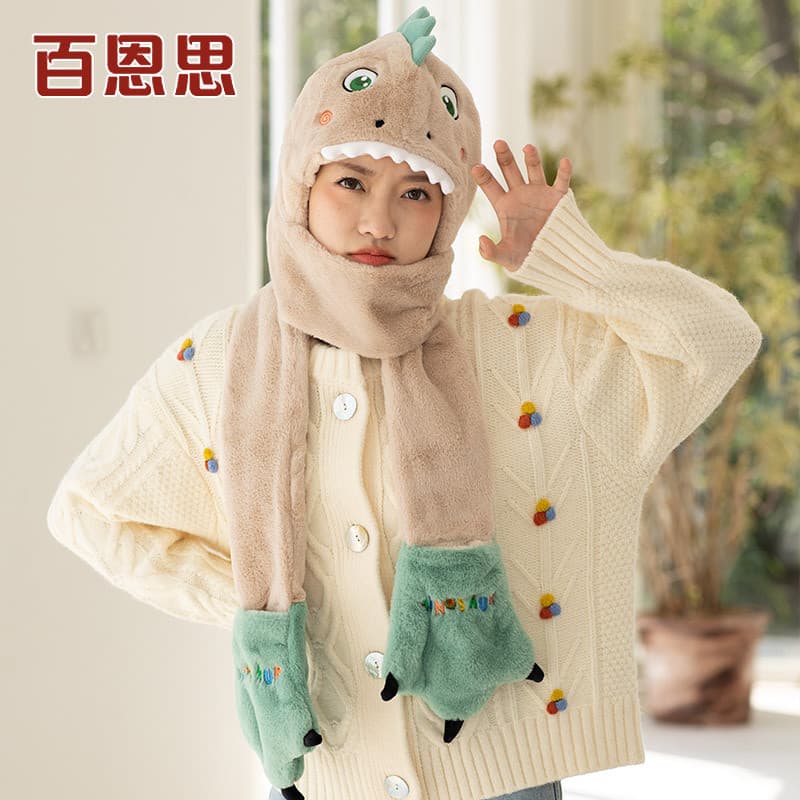 Bonito dinossauro bonito conjunto de três peças chapéu cachecol luvas uma senhoras meninas crianças outono inverno cache