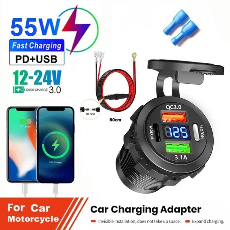Tomada De Carregador De Carro Tipo-C E USB Duplo 3 Portas Rápido À Prova Dwaterproof Água Com Voltímetro 12V/24V Para Ad