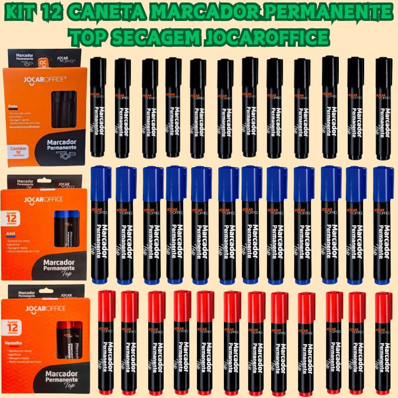 KIT 12 Jocar Office Marcador Permanente  Caneta Chanfrada Ponta de até 5mm Top Secagem Rápida