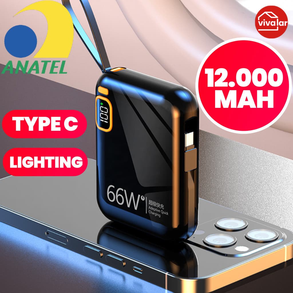 Carregamento rápido duplo oferece recarga super rápida bateria carregadora 12000mAh compacta com cabo integrado