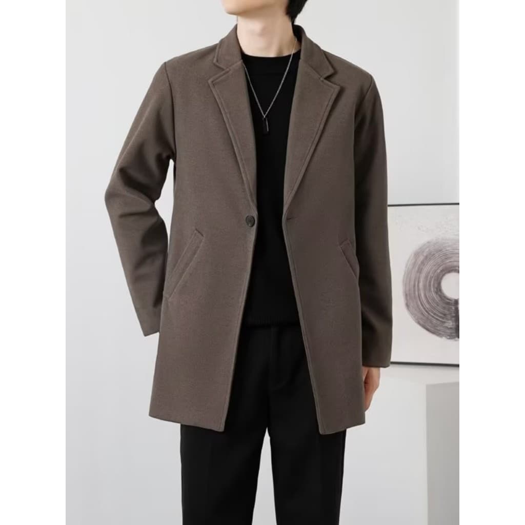 Casaco de lã masculino outono inverno novo estilo gola plana terno marrom engrossado Street Wear bonito quente terno de 