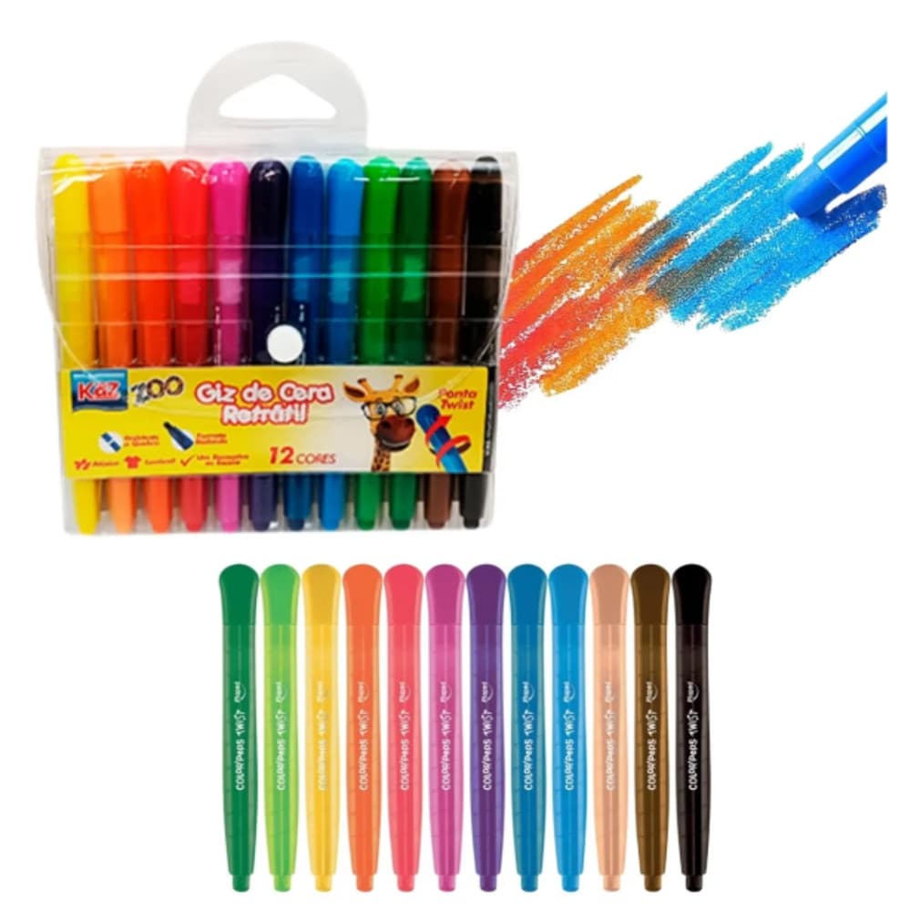 Giz De Cera 12 Cores Ponta Twist Retrátil 12 Cores