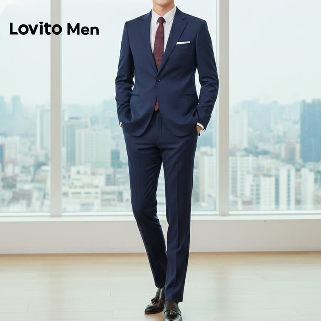 Lovito Men Conjunto de Terno Casual Bolso Terno Azul Marinho Conjunto para Homens LNE131086