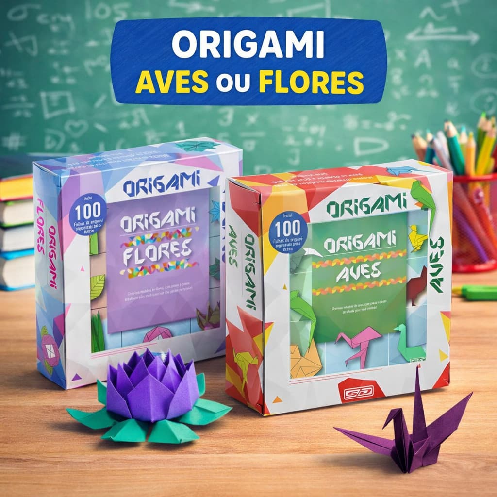 Box Origami Animativa Aves e Flores com Papéis Criativos para Dobraduras, Artesanato e Atividades Educativas
