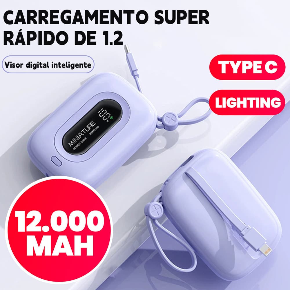 Power Bank 12.000mAh com Exibidor Numérico: tem Portas USB, Compacto, Portátil e Carregamento Super-Rápido