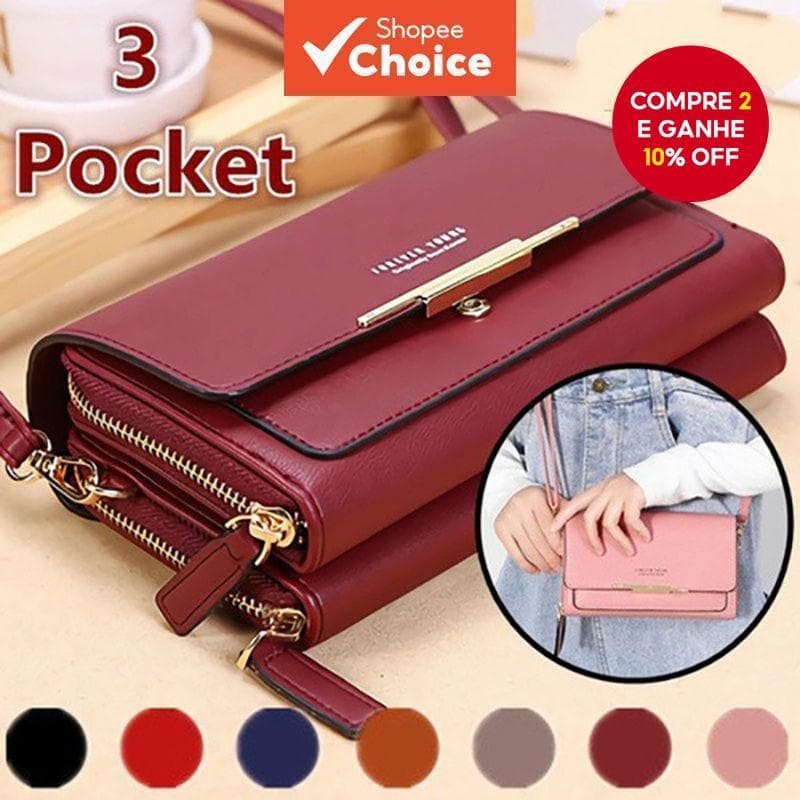 Carteira Feminina Multifuncional De 3 Camadas Com Zíper Crossbody Bolsa Padrão Mini Twist Lock