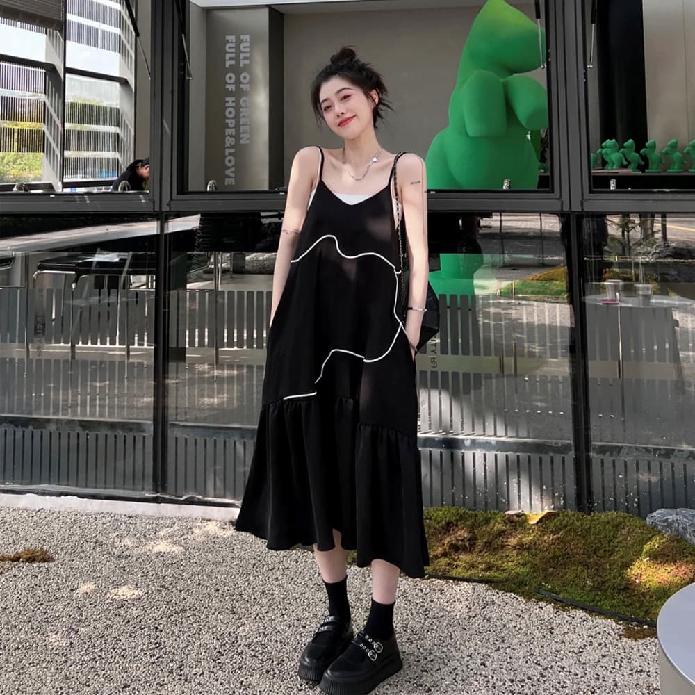 High-End nicho Design vestido de maternidade verão temperamento maternidade preto estilingue com decote em V vestido sem