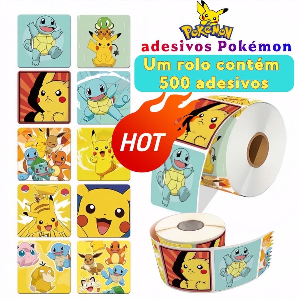 Rolo 500 Adesivos Pokémon Pikachu Stickers Mimo Para Clientes Lembrancinha Infantil Festa Escolar