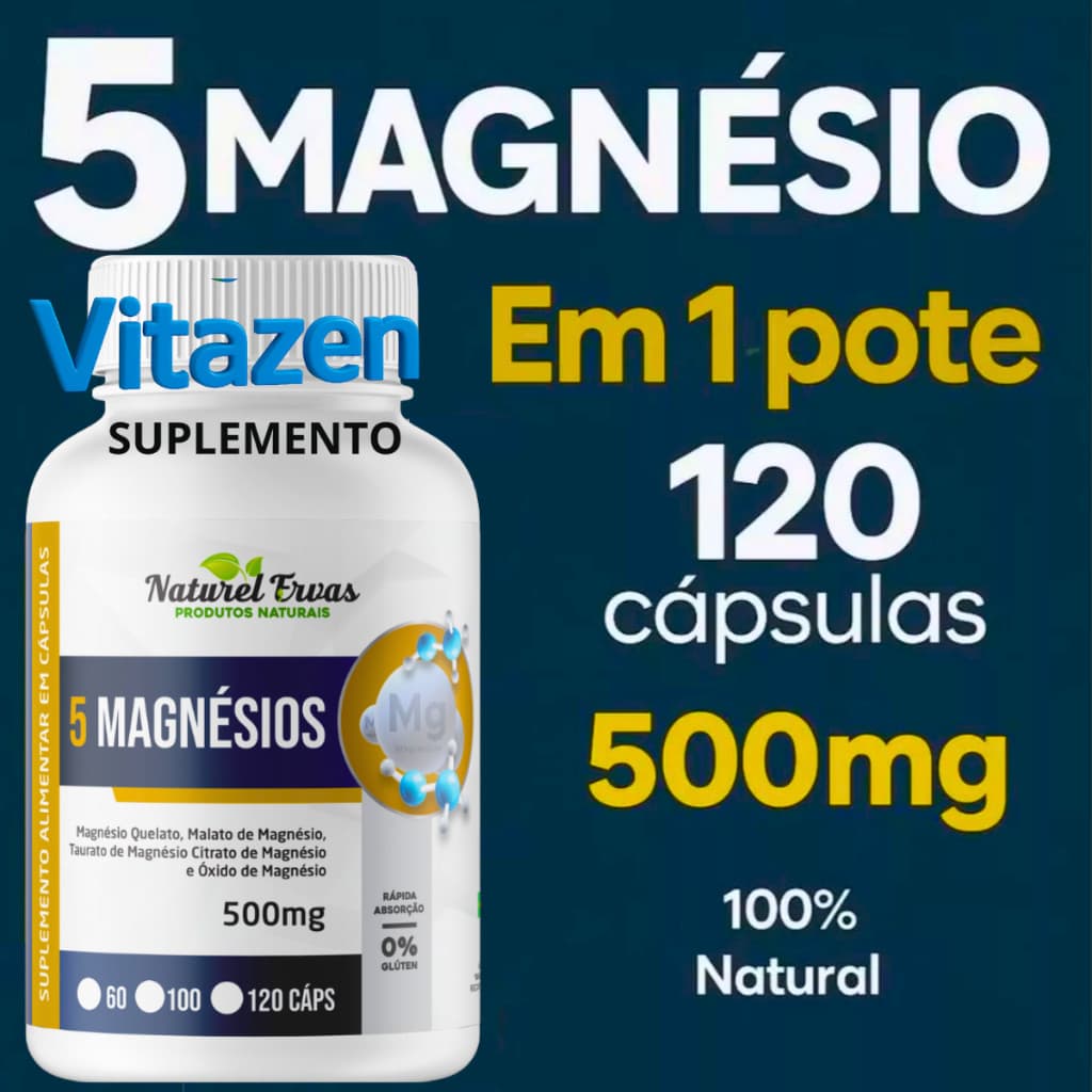 5 Magnésios 120 cápsulas de 500mg (magnésio Quelato, Malato, Turato, Citrato e Óxido