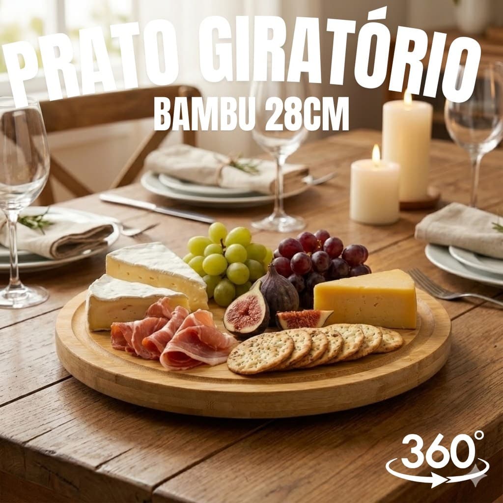 Bandeja Bambu Giratória 28cm Tábua Frios Petiscos Mesa Posta Café da Manhã 360 Cozinha Decoração