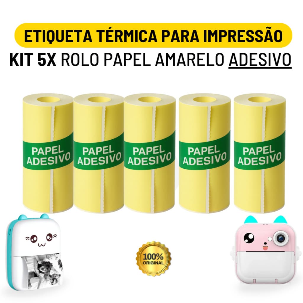 Kit 5 Bobina Etiqueta Térmica Adesiva 57mm Rolo Amarelo Para Mini Impressora Portátil | Envio Imediato
