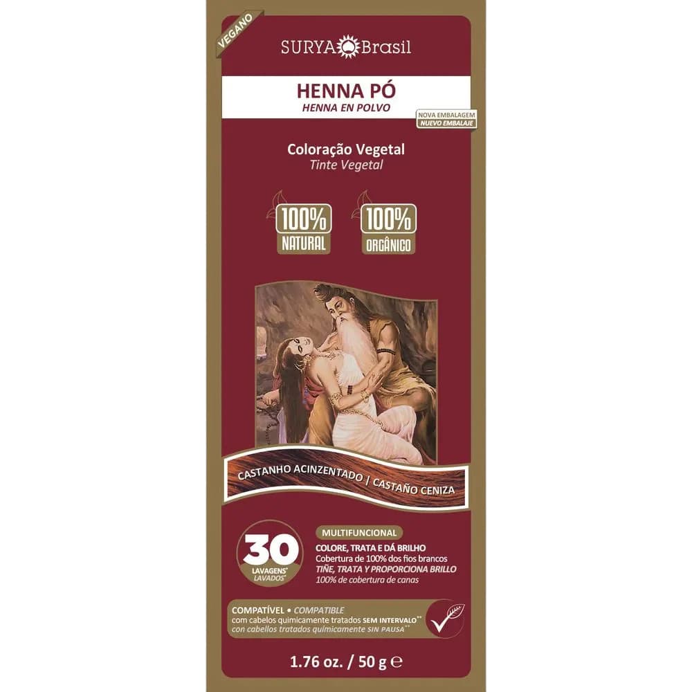 Tintura Natural Vegana Henna Pó Surya Castanho Acinzentado