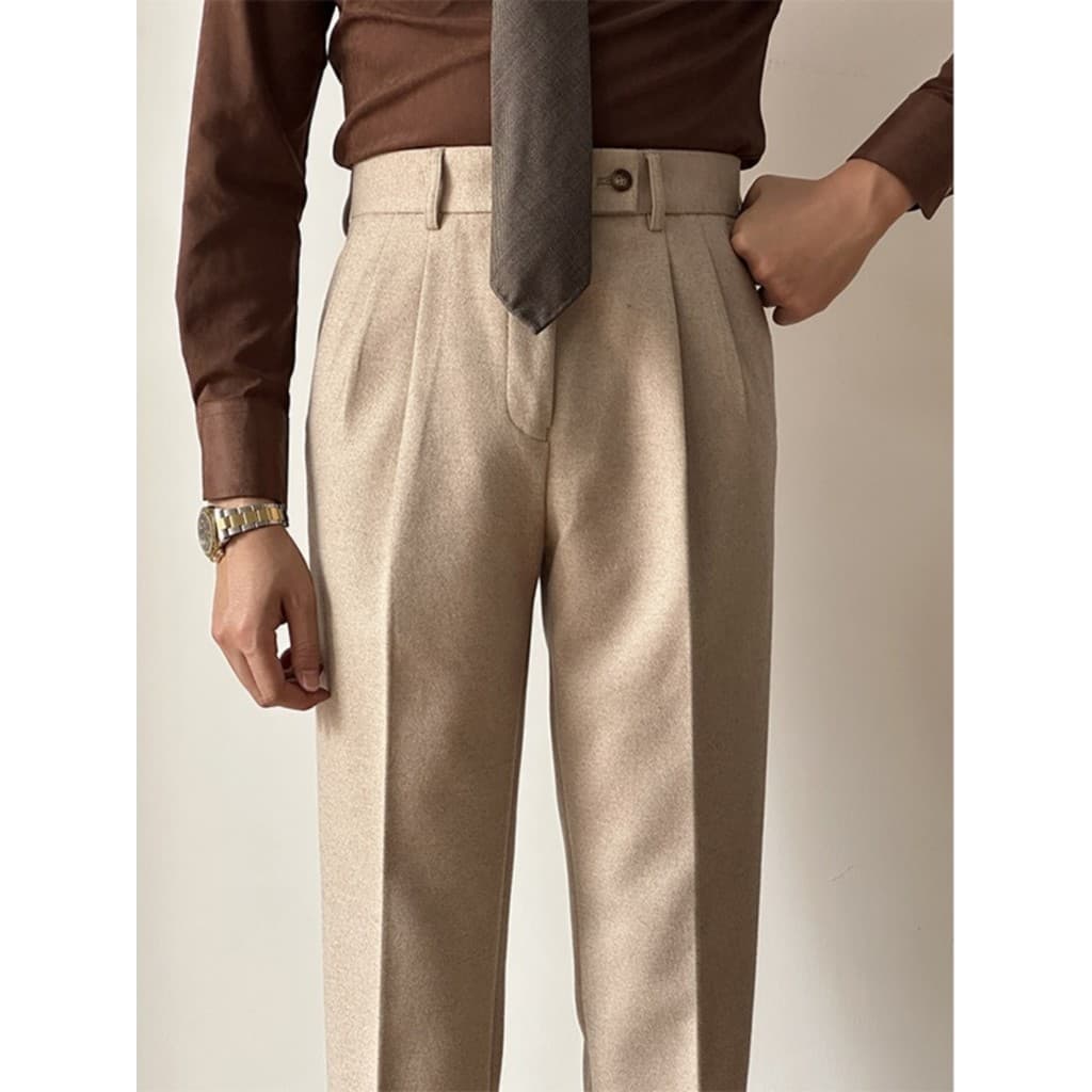 Outono inverno cintura alta de lã calças casuais homens quente em linha reta Drape nápoles cavalheiro cor sólida All-Mat