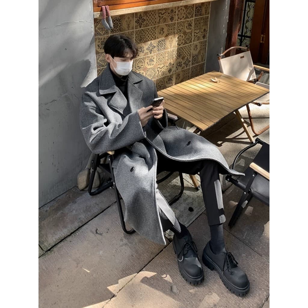 Casaco de lã de comprimento médio masculino outono inverno engrossado versão coreana terno casaco de lã High-End sentido