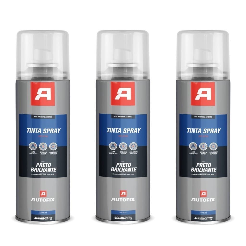 Kit 3 Tinta Sprays Uso Geral 400ml - Autofix 400ml / 210g - Preto Brilhante