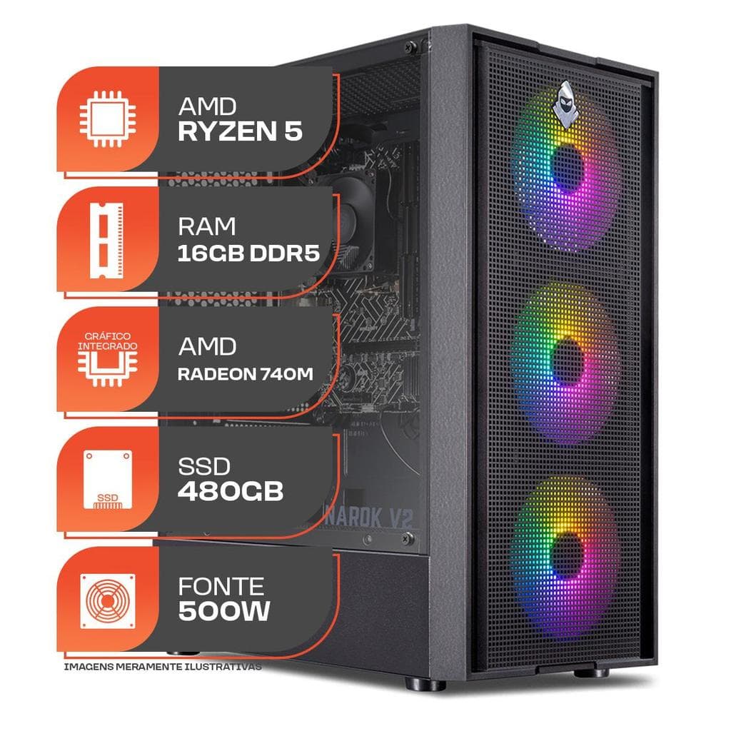 PC Gamer Forge, AMD Ryzen 5 8500G, 16GB DDR5, SSD 480GB, Fonte 500W 80 Plus