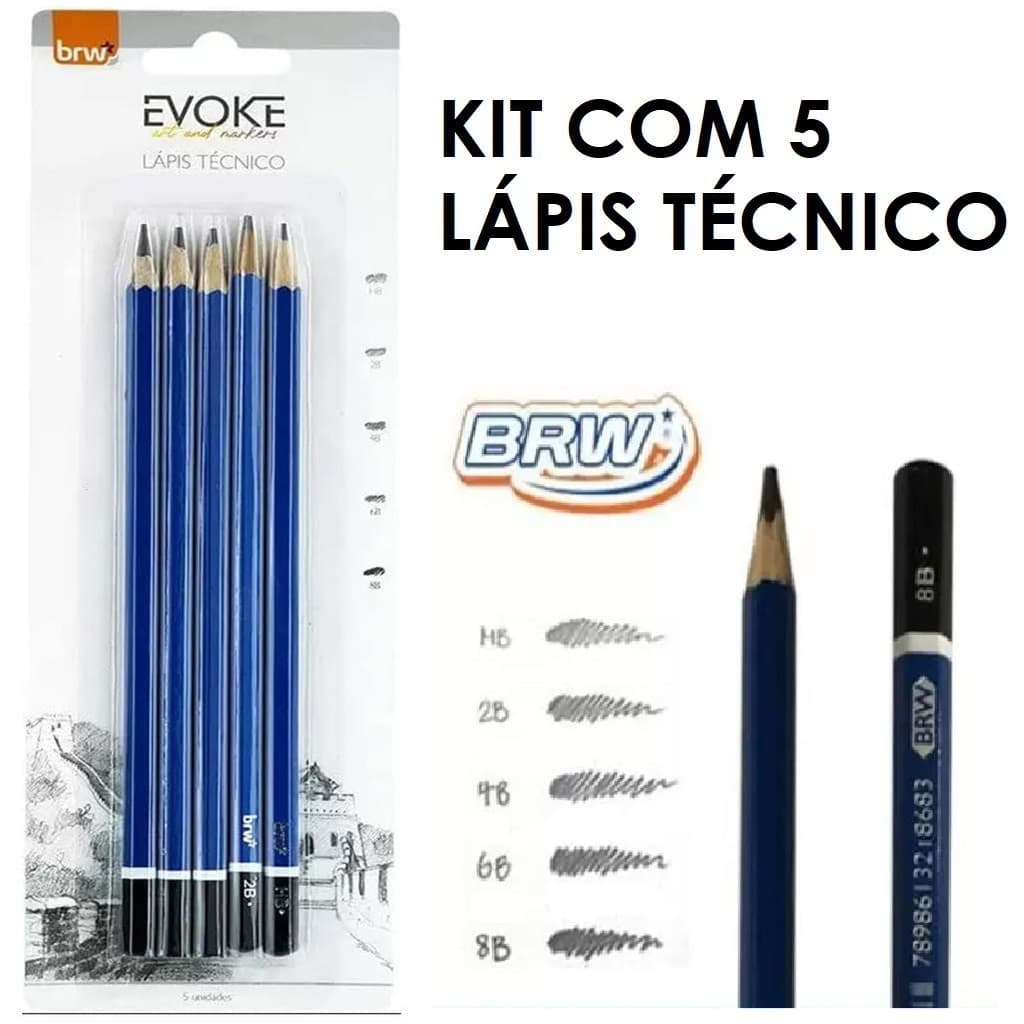 Lápis Técnico Preto Kit com 5 Unidades HB 2B 4B 6B 8B – BRW
