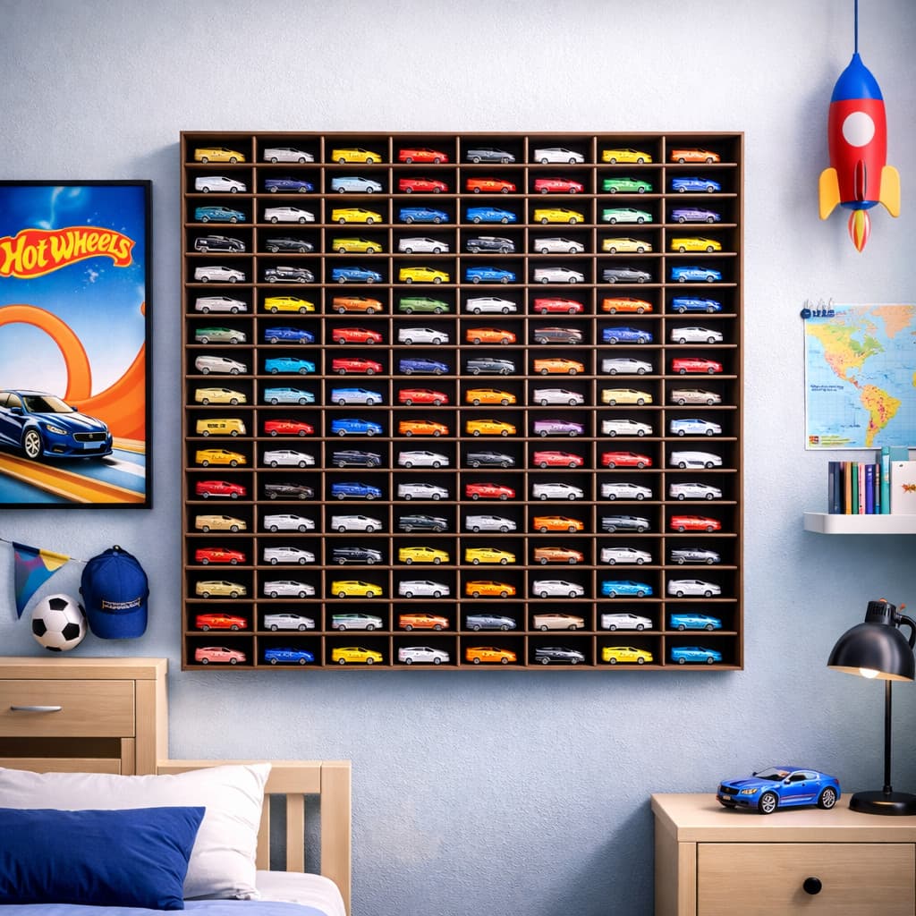 Expositor de Carrinhos em MDF para 105 Unidades | Organizador de Mini Carros