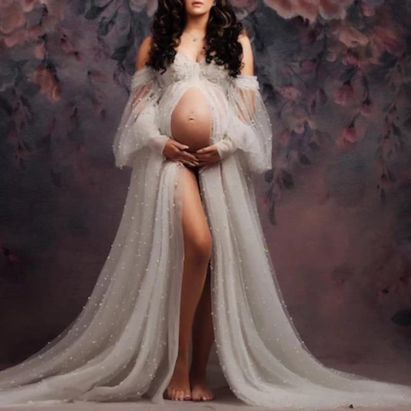 * Vestido Sessão Fotos Para Maternidade Expressão Várias Configurações Tecido Elástico