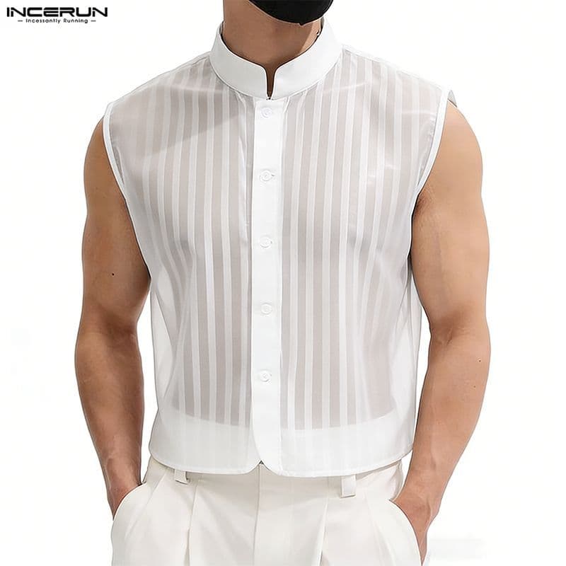 INCERUN Masculino Vintage Moda Bonito Gola Sem Mangas Ver Através De Coletes Listrados
