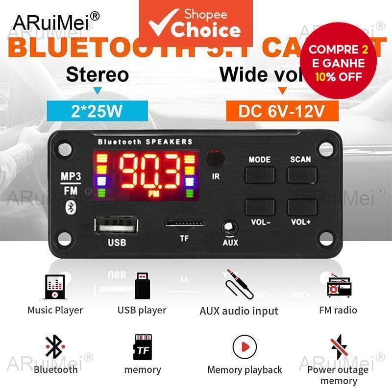 Bluetooth 5.0 MP3 Player 50W Amplificador DC12V Para Áudio De Carro Com Gravação FM USB E Chamada Viva-Voz