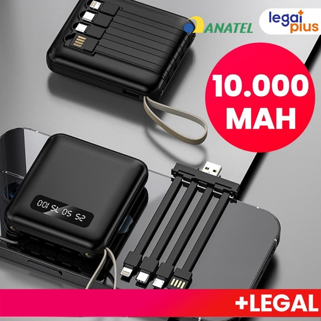 Carregador Portátil 10000mah con 4 cables de carga rápida Banco de energía digital LED
