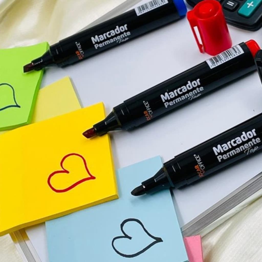 KIT 3 Caneta Marcador Permanente Top Secagem Rápida Ponta Chanfrada de até 5mm JocarOffice