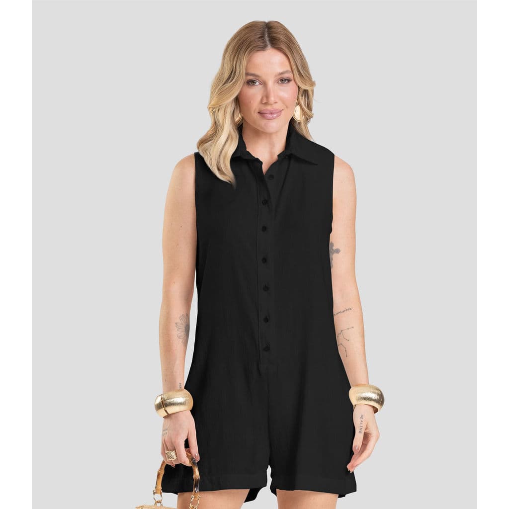 Macaquinho Feminino em Tecido Linho Dianna Preto