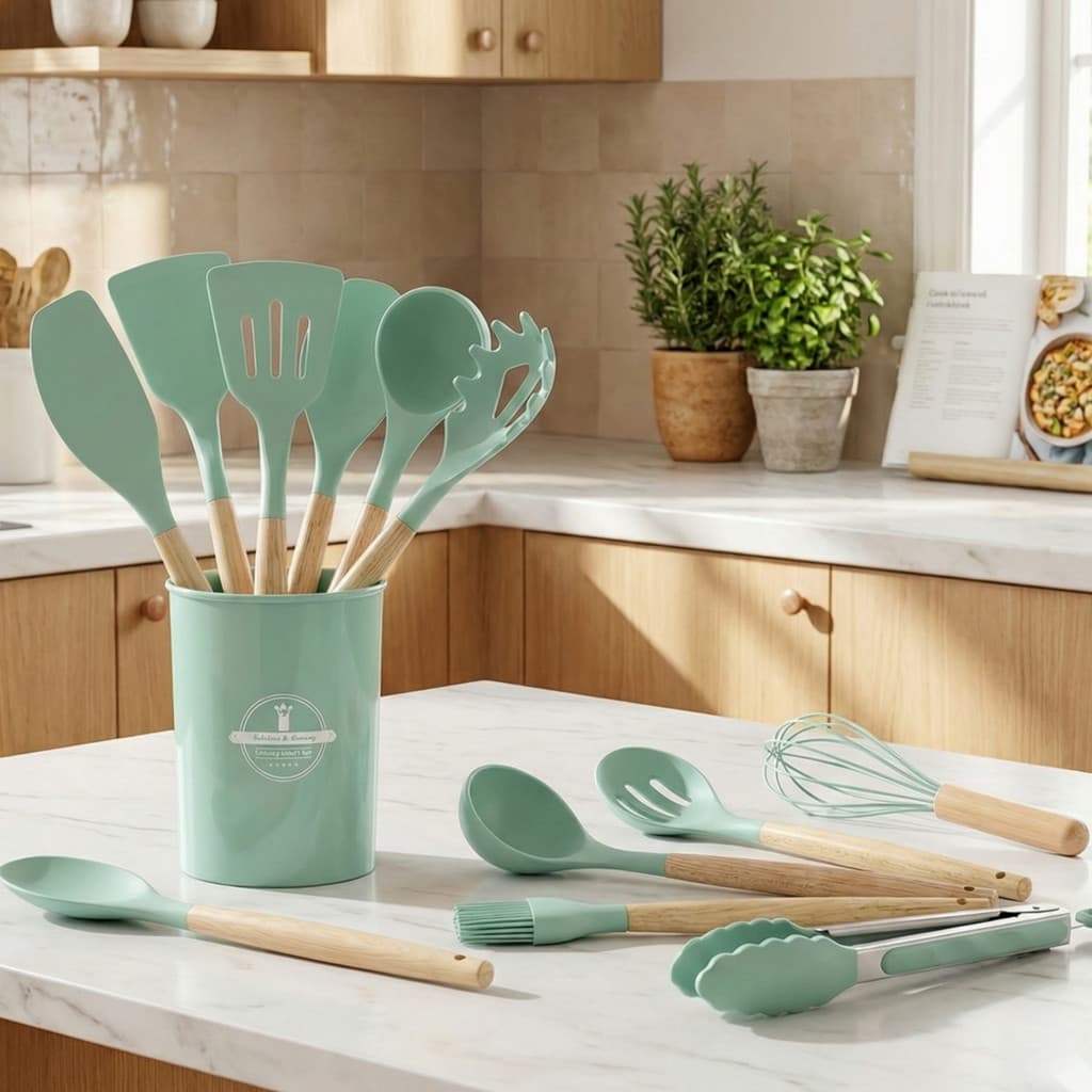 Kit 12 Peças Silicone e Cabo Madeira Utensilios de Cozinha Com Suporte