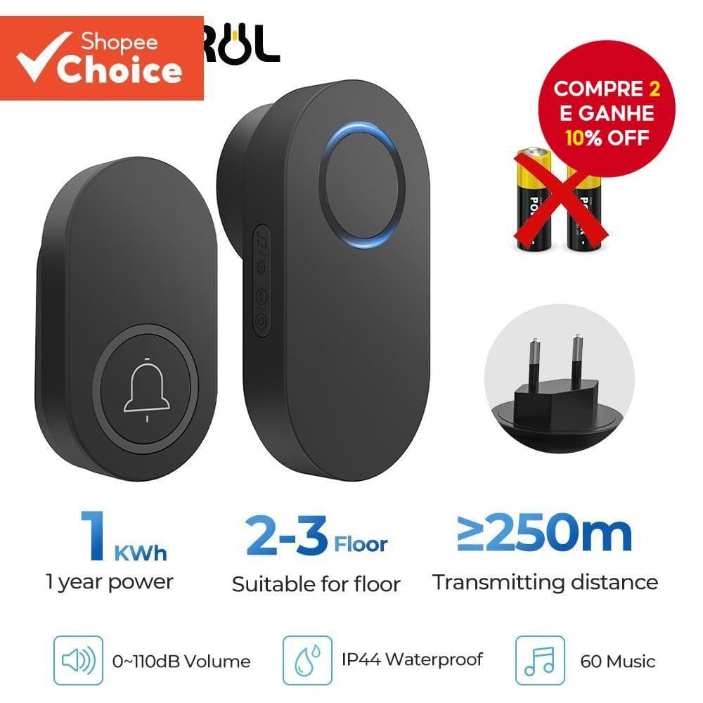 SMATRUL Campainha Elétrica Sem Fio 300M Alcance 12 Meses Garantia