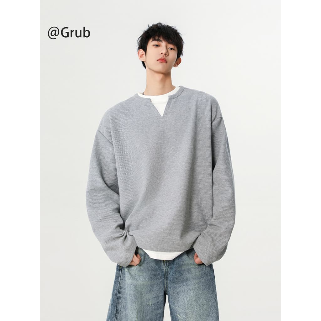 Waffle falso de duas peças com decote em v manga comprida camiseta masculina primavera americano vintage casal moletom p