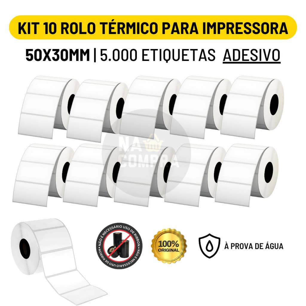 Kit 10 Rolo Etiqueta Adesiva 50x30mm 5x3cm (1 coluna) Impressora Térmica 5.000 Etiquetas