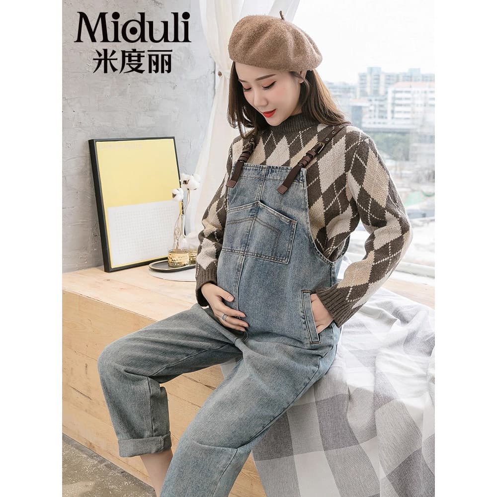 Calças de maternidade primavera outono exterior Wear Denim macacão terno calças de perna larga outono inverno mais velud