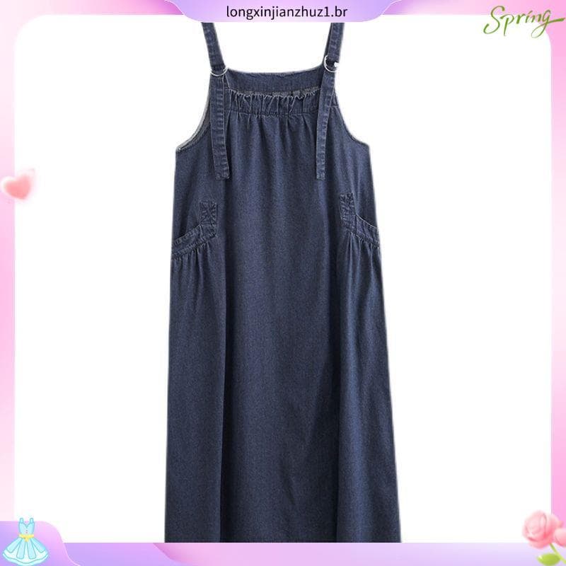 [YAR] Vestido Jeans Feminino Solto Sem Mangas Boho Jean Jumper Com Bolsos Avental De Bainha Larga Alça Ajustável