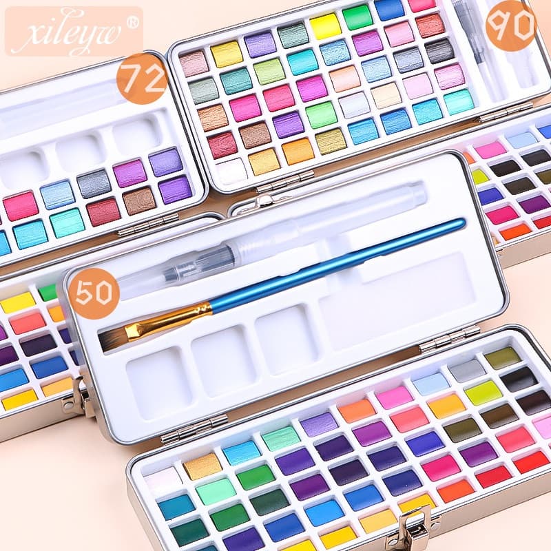 Conjunto de Aquarelas em Lata Sólida com 50/72/90/100 Cores, Bloco de Pigmentos, Caneta, Pincel e Paleta TSWI