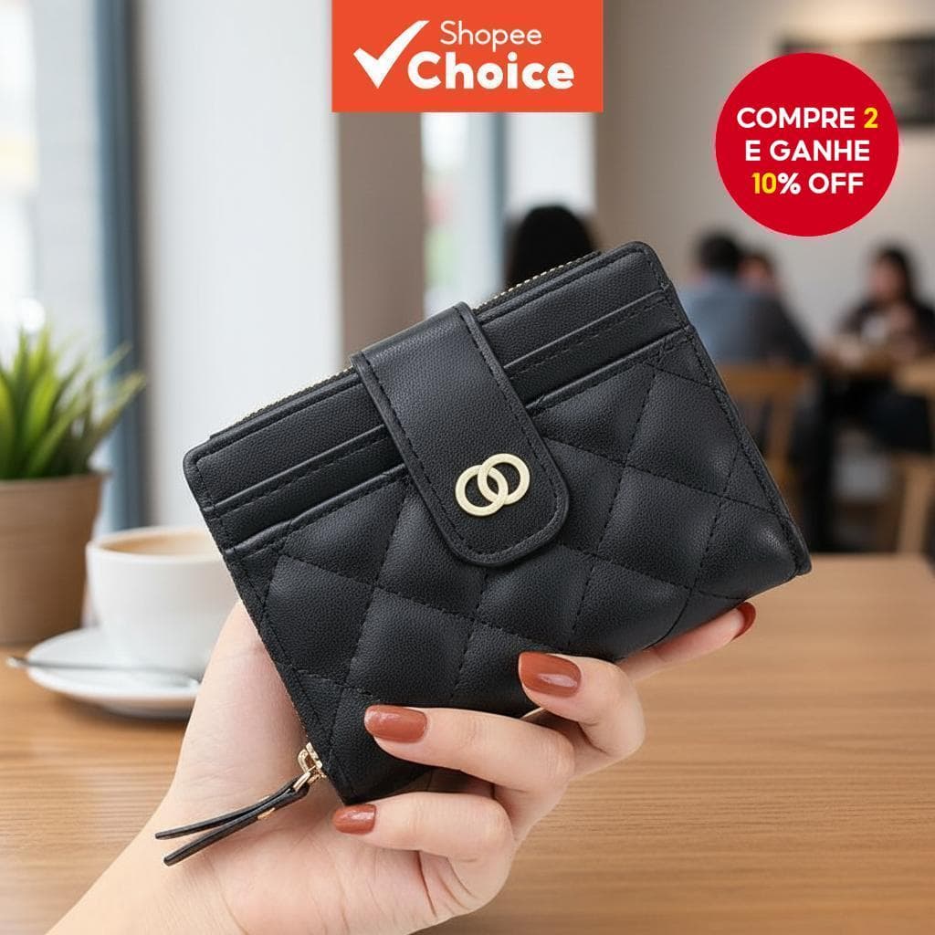  Carteira compacta feminina com zíper e suporte para vários cartões