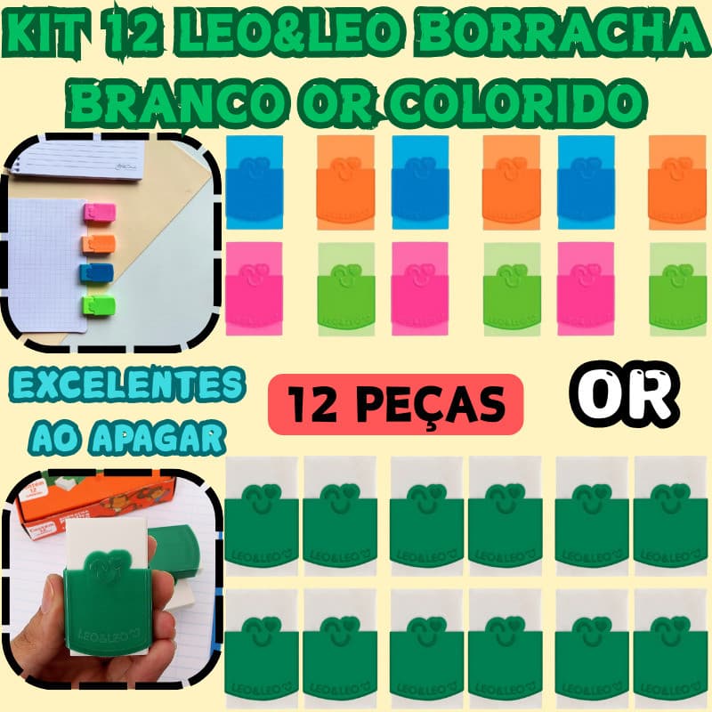 KIT 12 LEO&LEO Borracha 4.5CM Branco Or Colorido Artigo Resistente Universal Escolar Papelaria