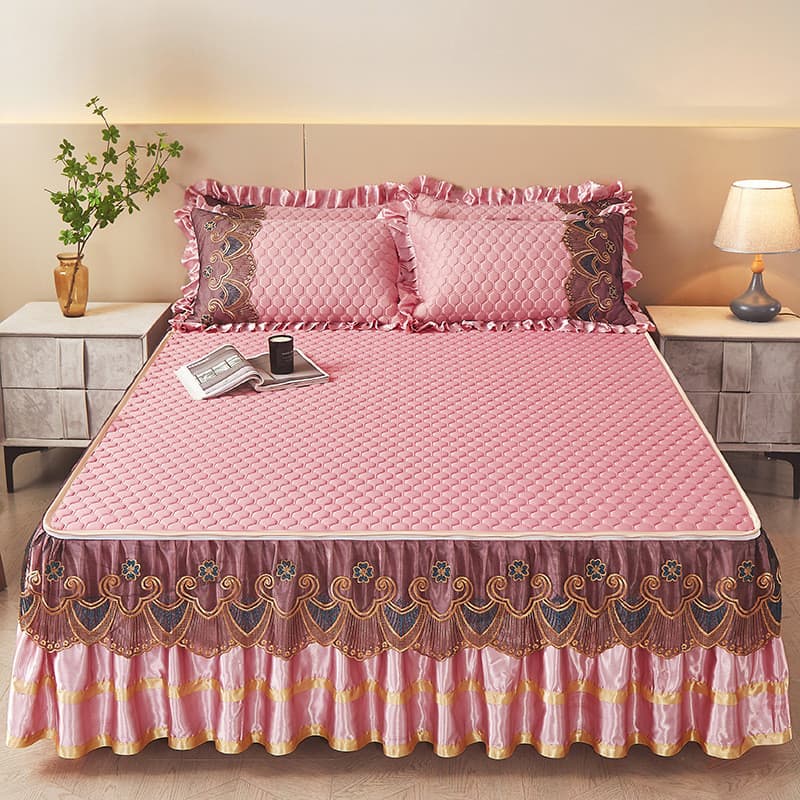 Verão látex legal esteira três conjunto de quatro peças 2024 novo estilo saia de cama com renda máquina lavável ar condi