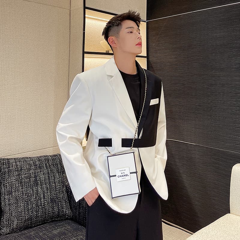 Primavera outono coreano ins influenciador Xiaoxiang estilo terno masculino preto branco contraste cor street Wear Desig