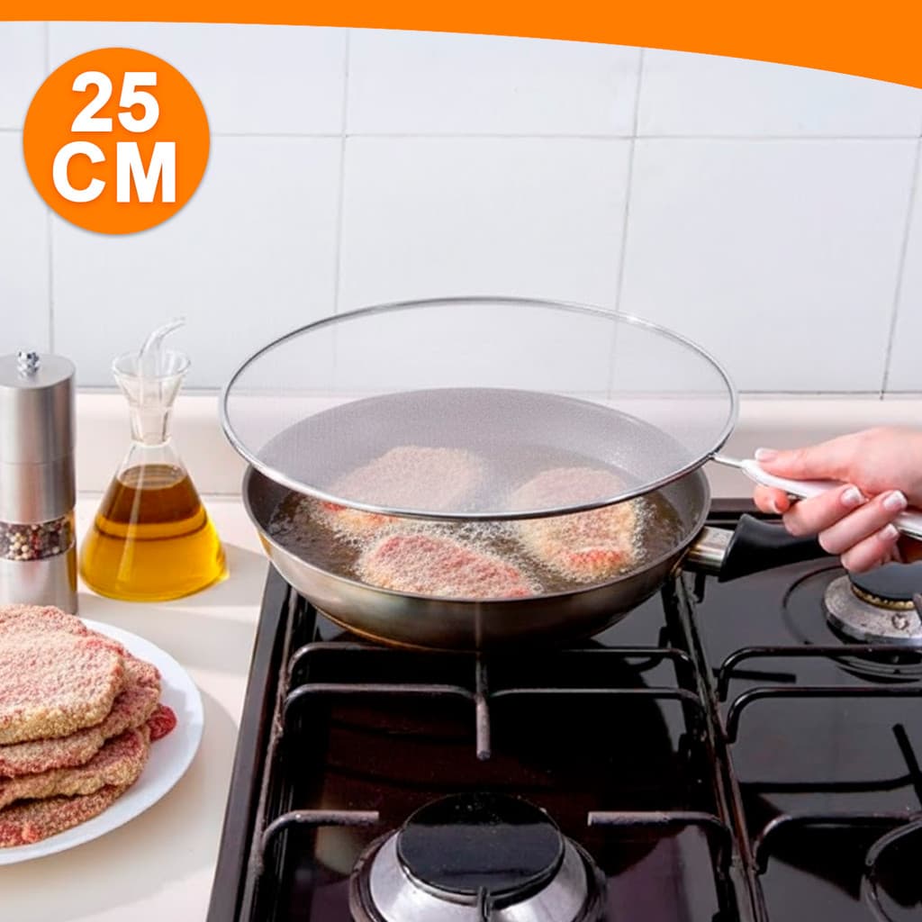 Tampa Protetora Tela Anti Respingo De Metal Frituras 25cm Com Cabo Longo Cozinha Anti Óleo Gordura