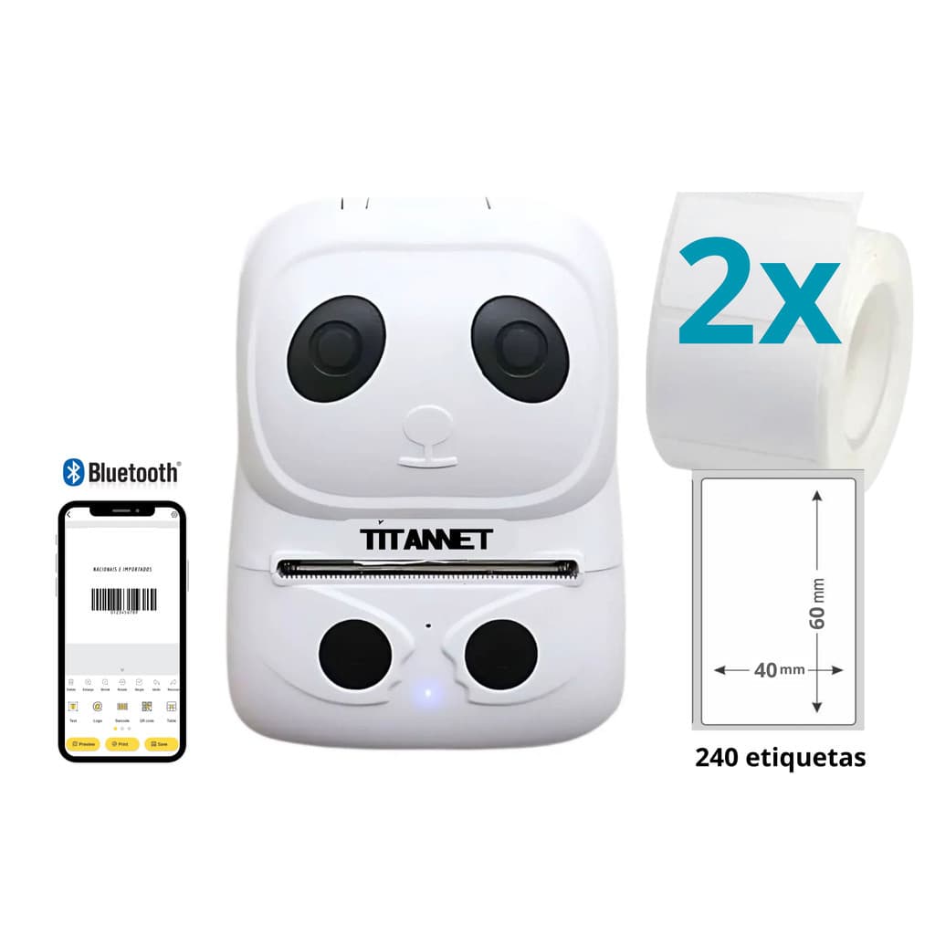 Mini Impressora Bluetooth Portátil 58mm + 2 Rolos de Etiquetas 40x60