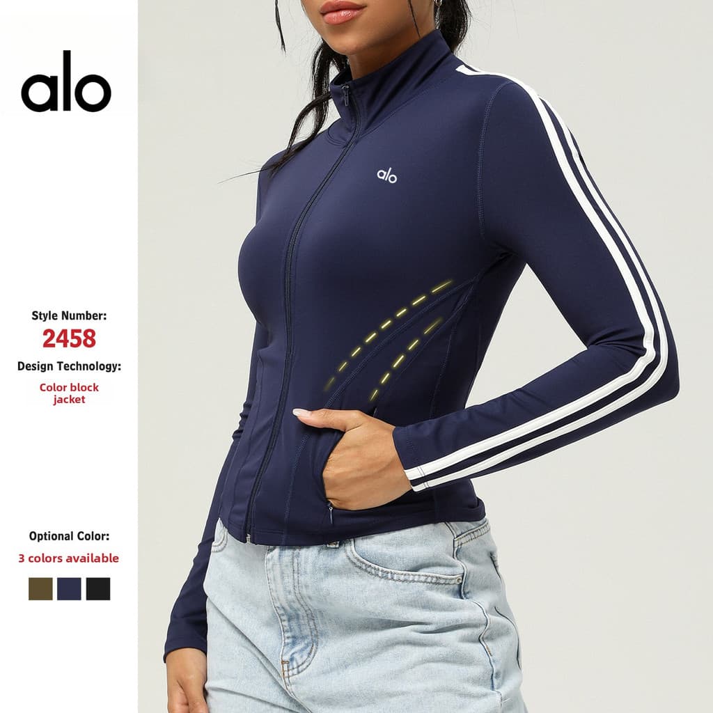 Nova cor de contraste transfronteiriça gola alta esportes Yoga jaqueta com zíper bolso Casual manga comprida outono inve